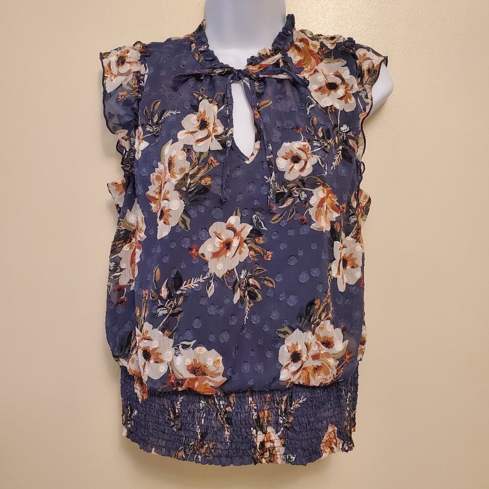 Tamara H. Blue Floral Flutter Sleeve Tie Neck Smocked-Waist Top Blouse - M